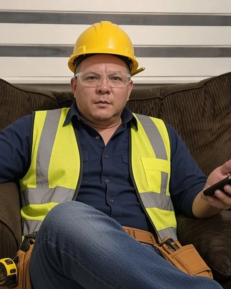 José Manuel, carpintero de Línea Fina Muebles en Hermosillo, con casco y herramientas