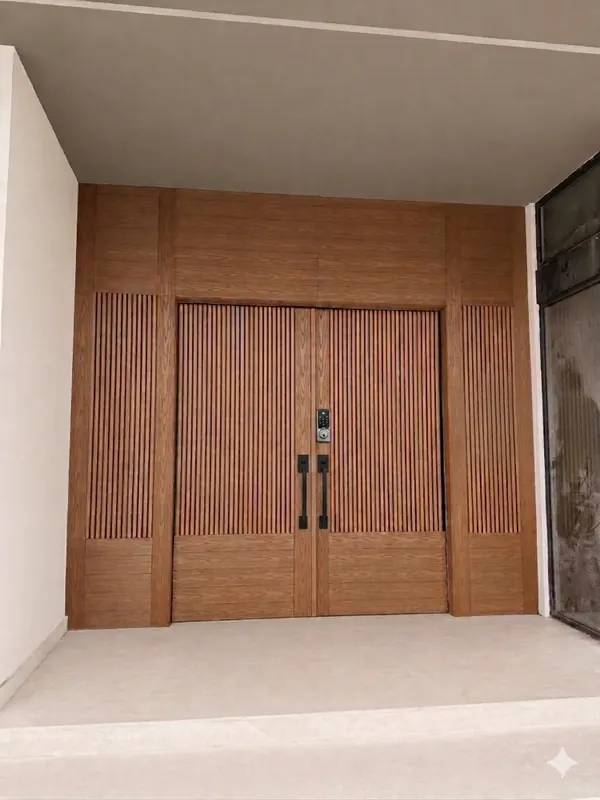 Puerta de entrada doble de madera con acabado WPC, fabricada a la medida en Hermosillo
